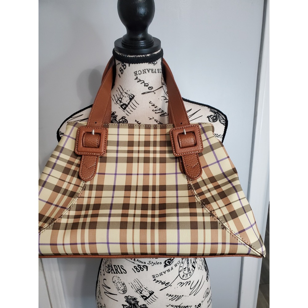Liz Claiborne Plaid Shoulder Bag Brown Tan Purple Buckle Strap Handbag